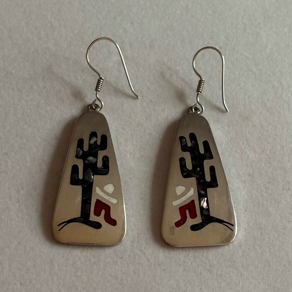 Taxco Mexico Vintage 925 Sterling Silver Enamel & Abalone Statement Earrings
